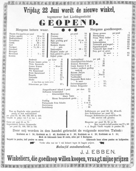 Advertentie kruidenierszaak J.J. Ebben